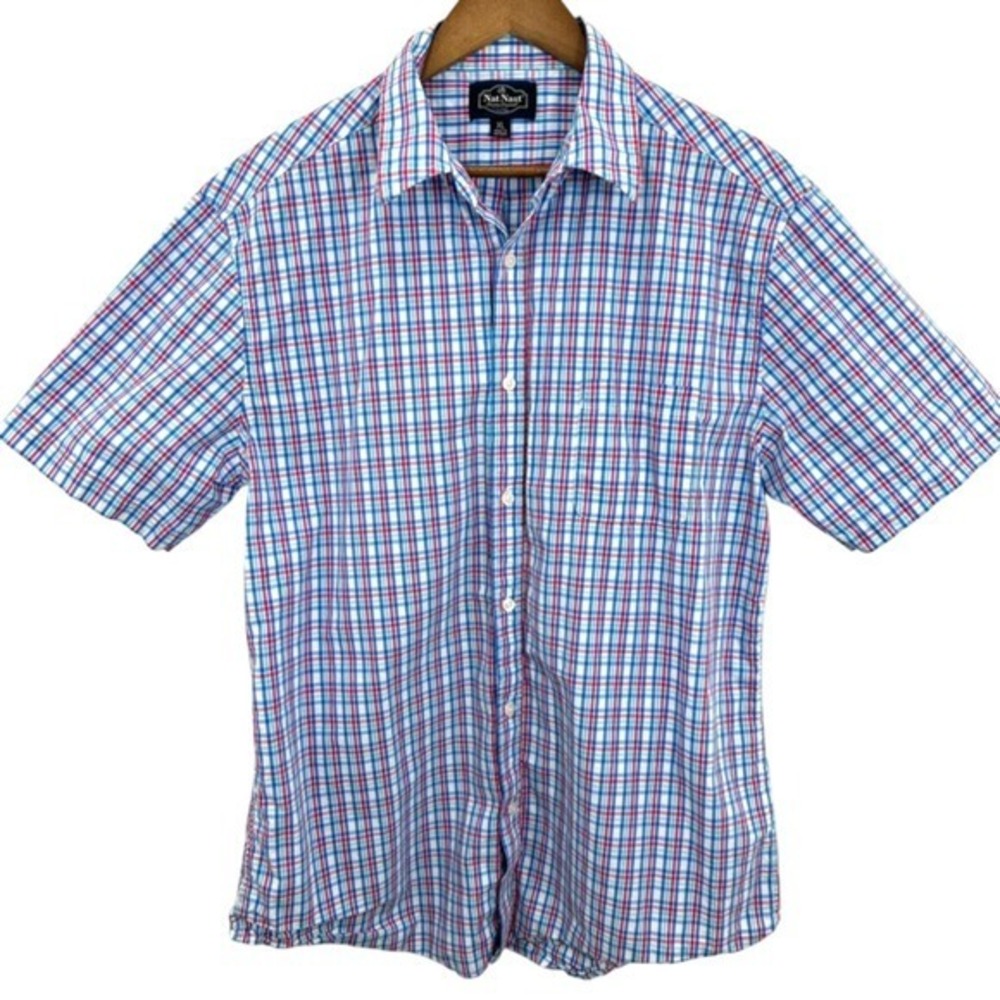 Nat Nast Men's Size XL Cotton Blue Plaid Short‎ Sleeve Button Up Shirt Casual